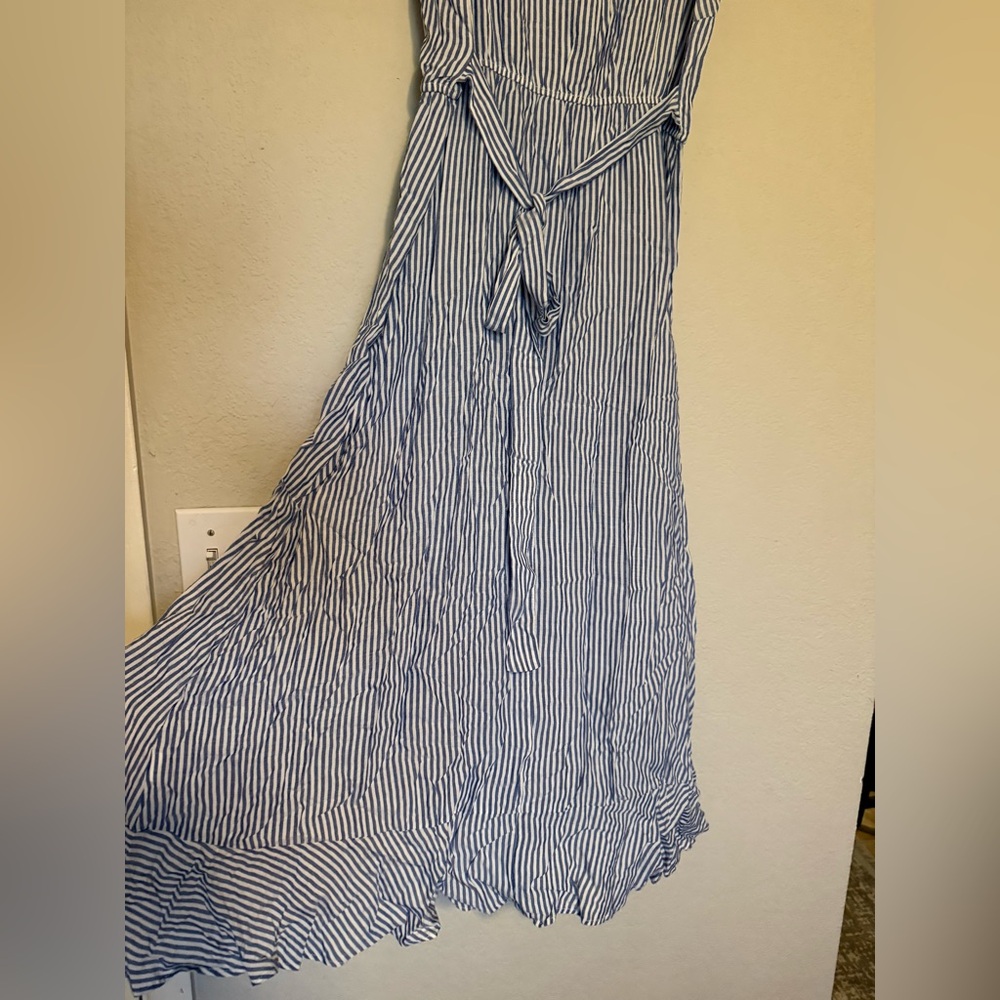 Womens Striped Maxi Dress Sundress Spaghetti Straps Navy Blue Rayon Size Medium - Picture 2 of 8